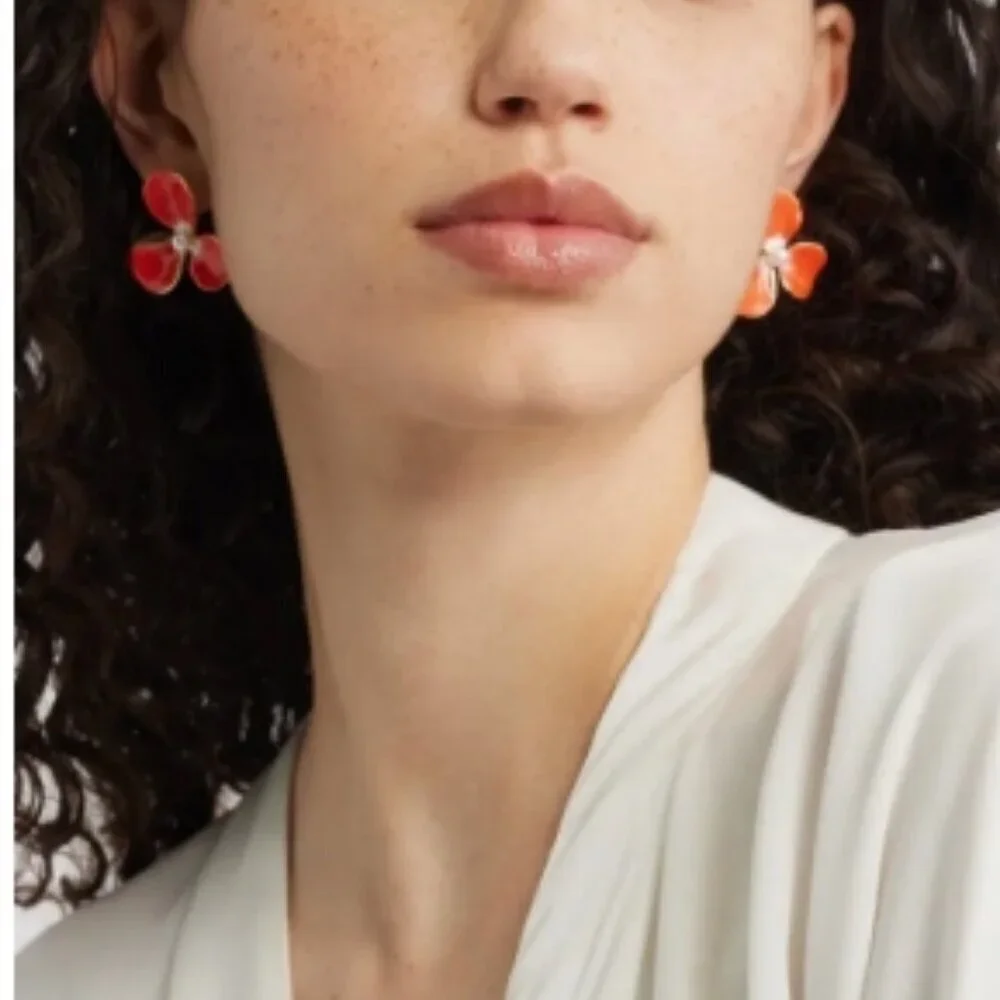Nordstrom Painted Pansy Stud Earrings – Coral/Gold – NWT
